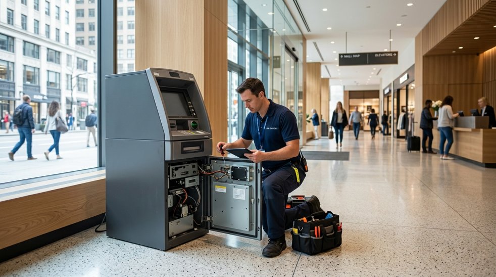 Technician servicing an ATM in a modern shopping mall lobby