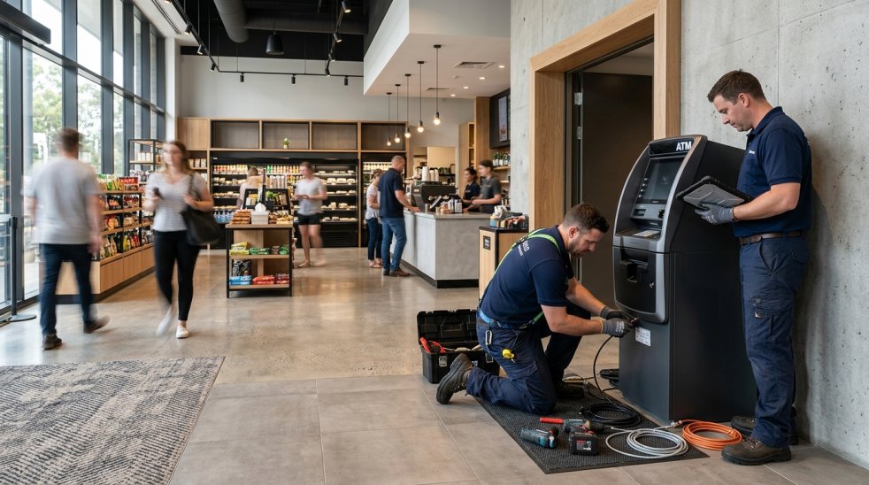 Technicians installing an ATM inside a busy convenience store near the checkout counter